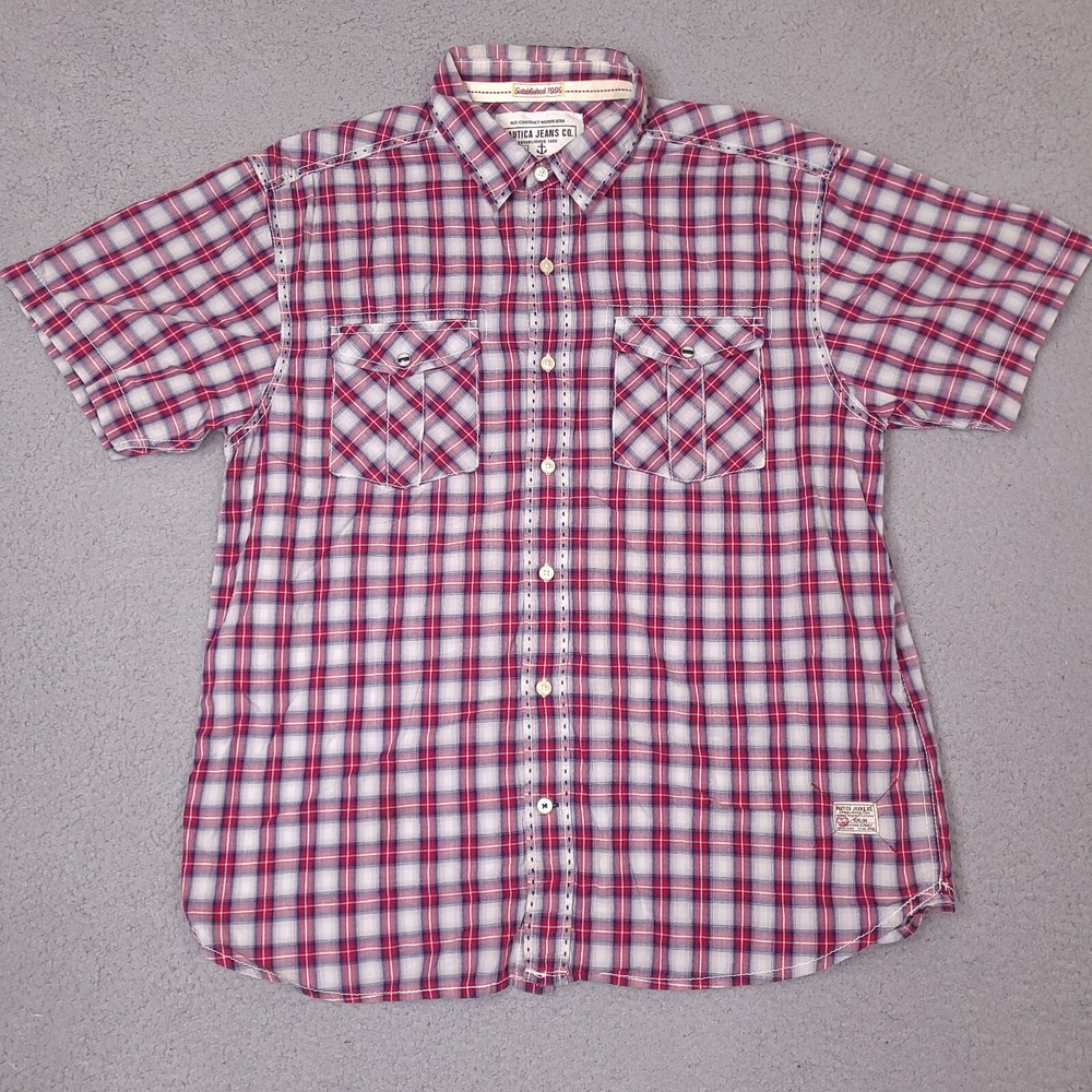Nautica Jeans Co. Shirt Mens Large Red Blue‎ Button Up Plaid NJ-99 Surplus